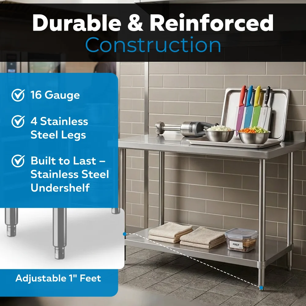 30" x 48" 16-Gauge Commercial Work Table with Undershelf, 304 Stainless Steel