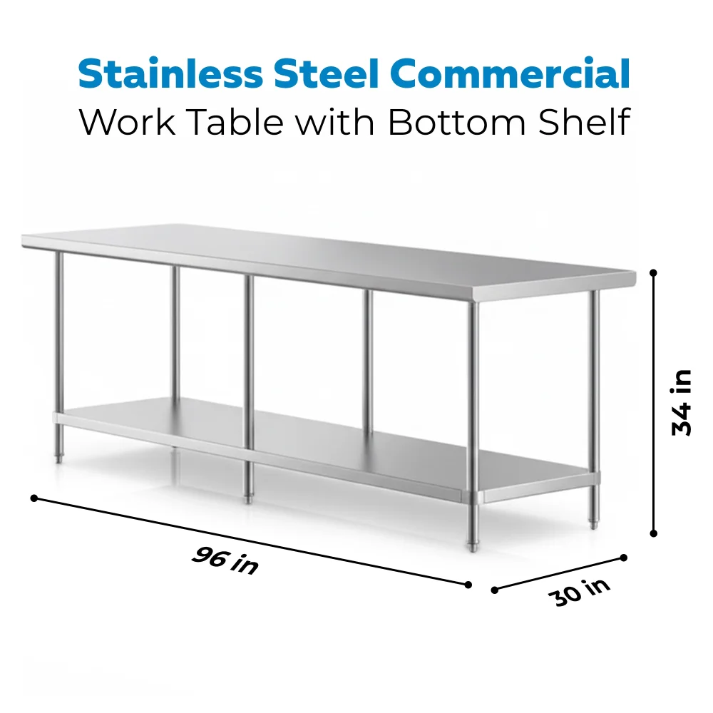 30" x 96" 16-Gauge Commercial Work Table with Undershelf, 304 Stainless Steel