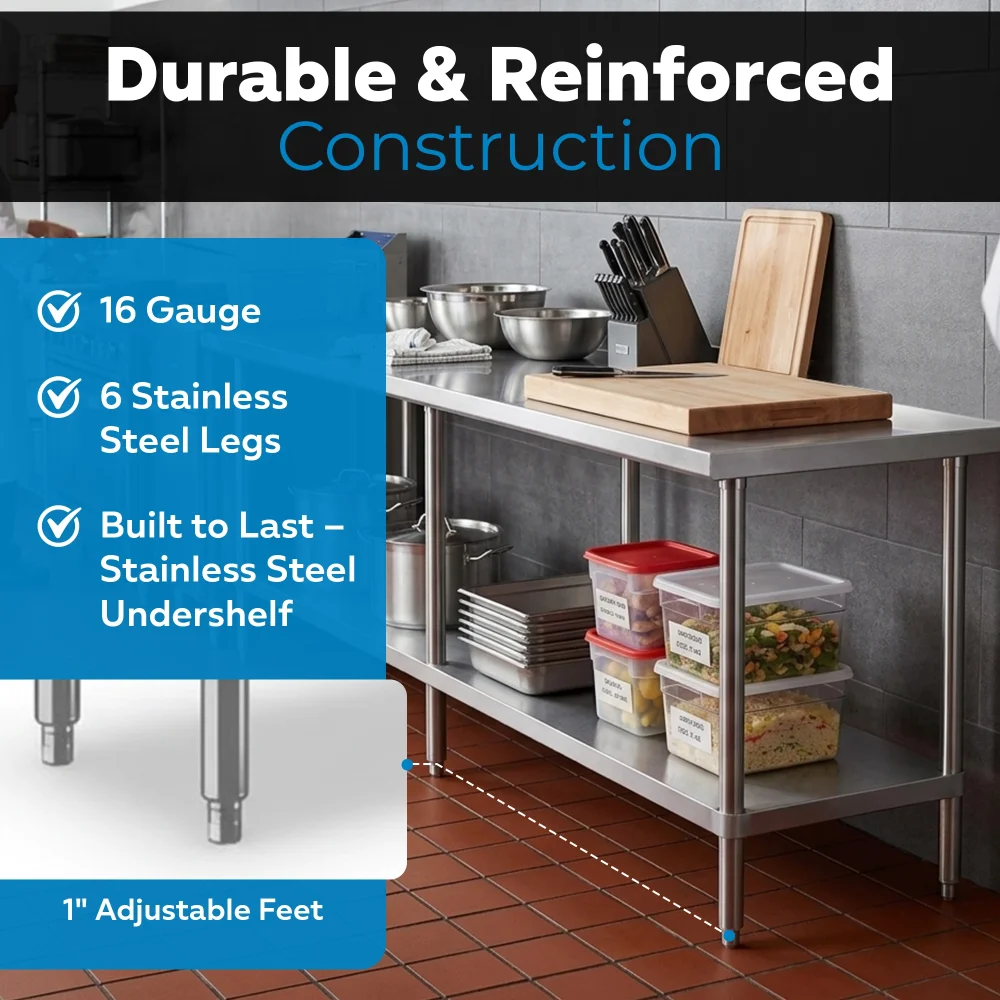 30" x 96" 16-Gauge Commercial Work Table with Undershelf, 304 Stainless Steel