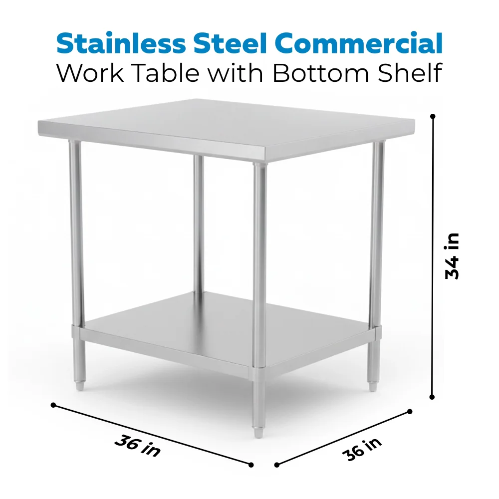 36" x 36" 16 Gauge Commercial Work Table with Undershelf, 304 Stainless Steel