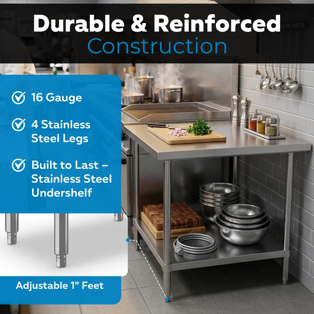 36" x 36" 16 Gauge Commercial Work Table with Undershelf, 304 Stainless Steel