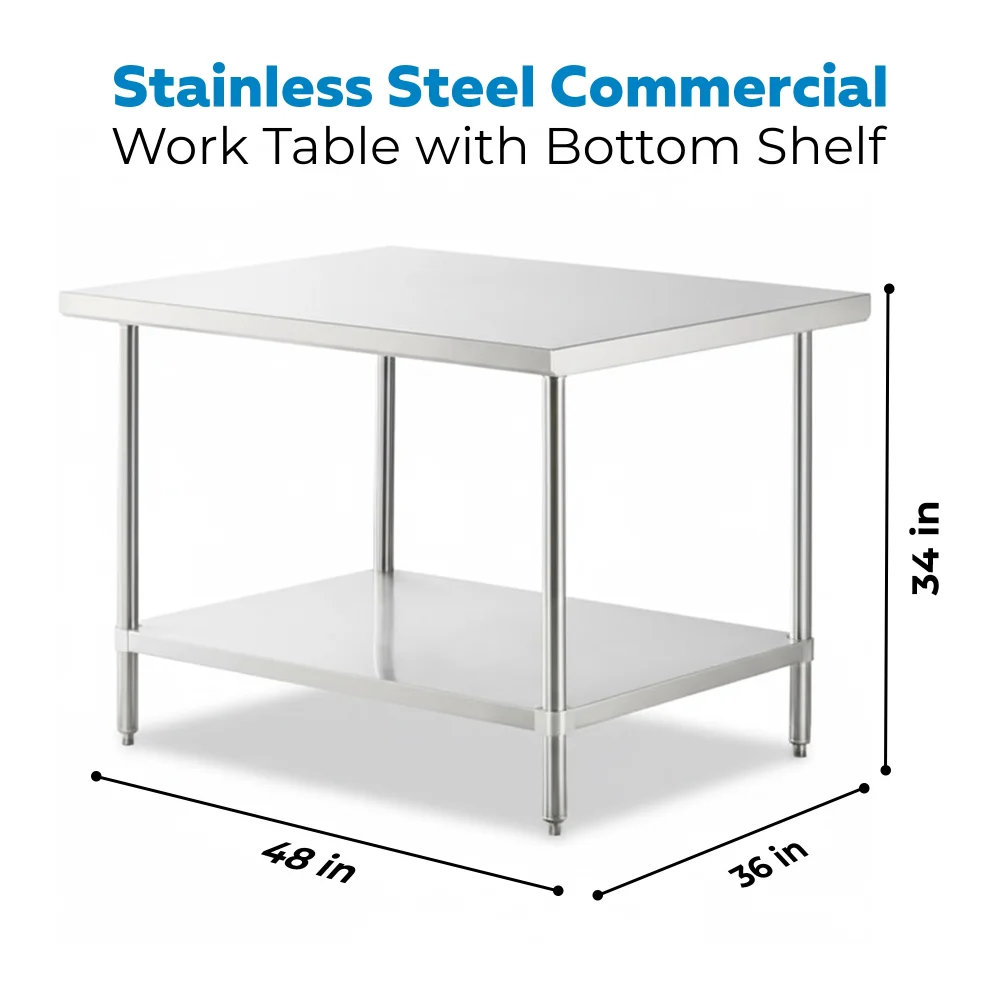 36" x 48" 16 Gauge Commercial Work Table with Undershelf, 304 Stainless Steel