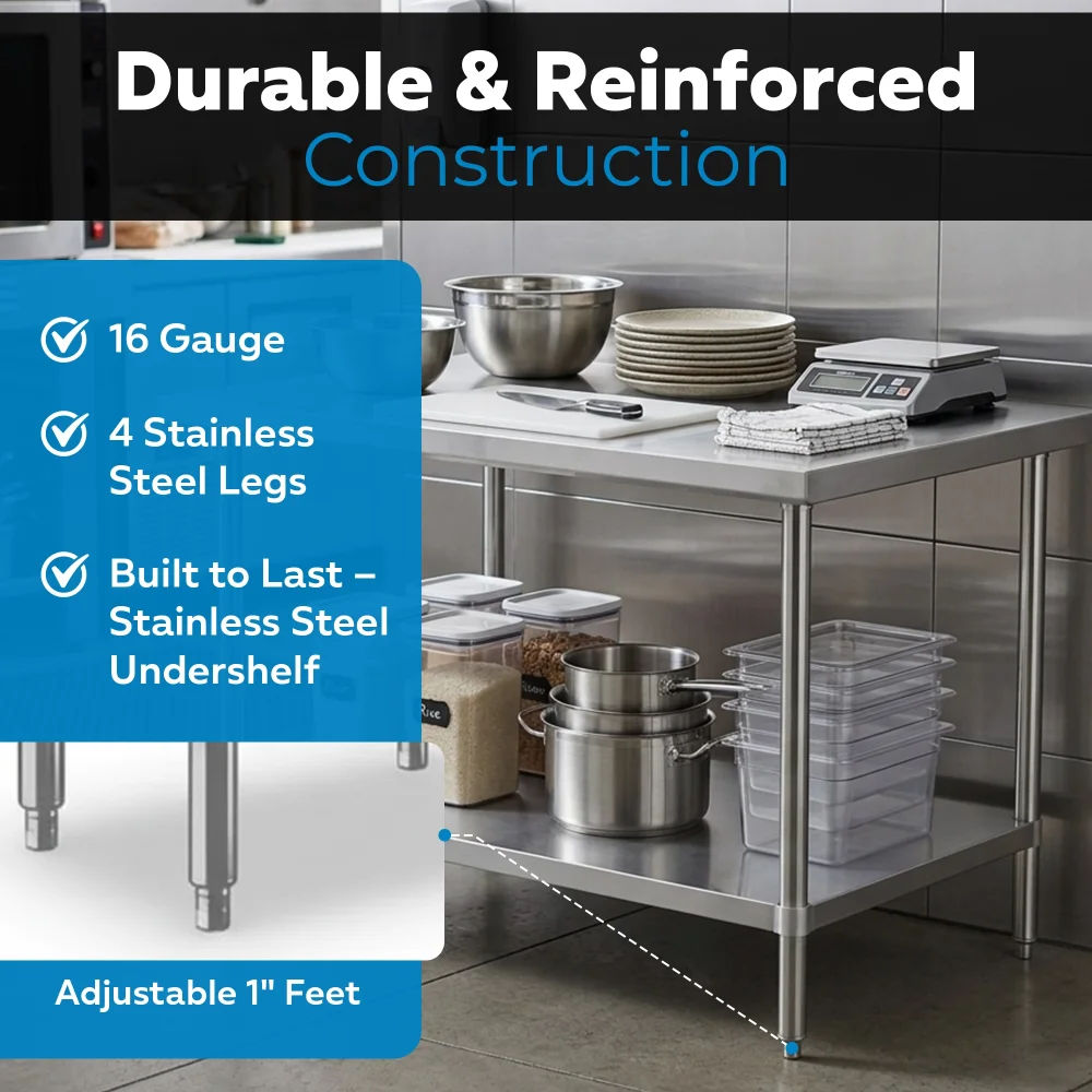 36" x 48" 16 Gauge Commercial Work Table with Undershelf, 304 Stainless Steel