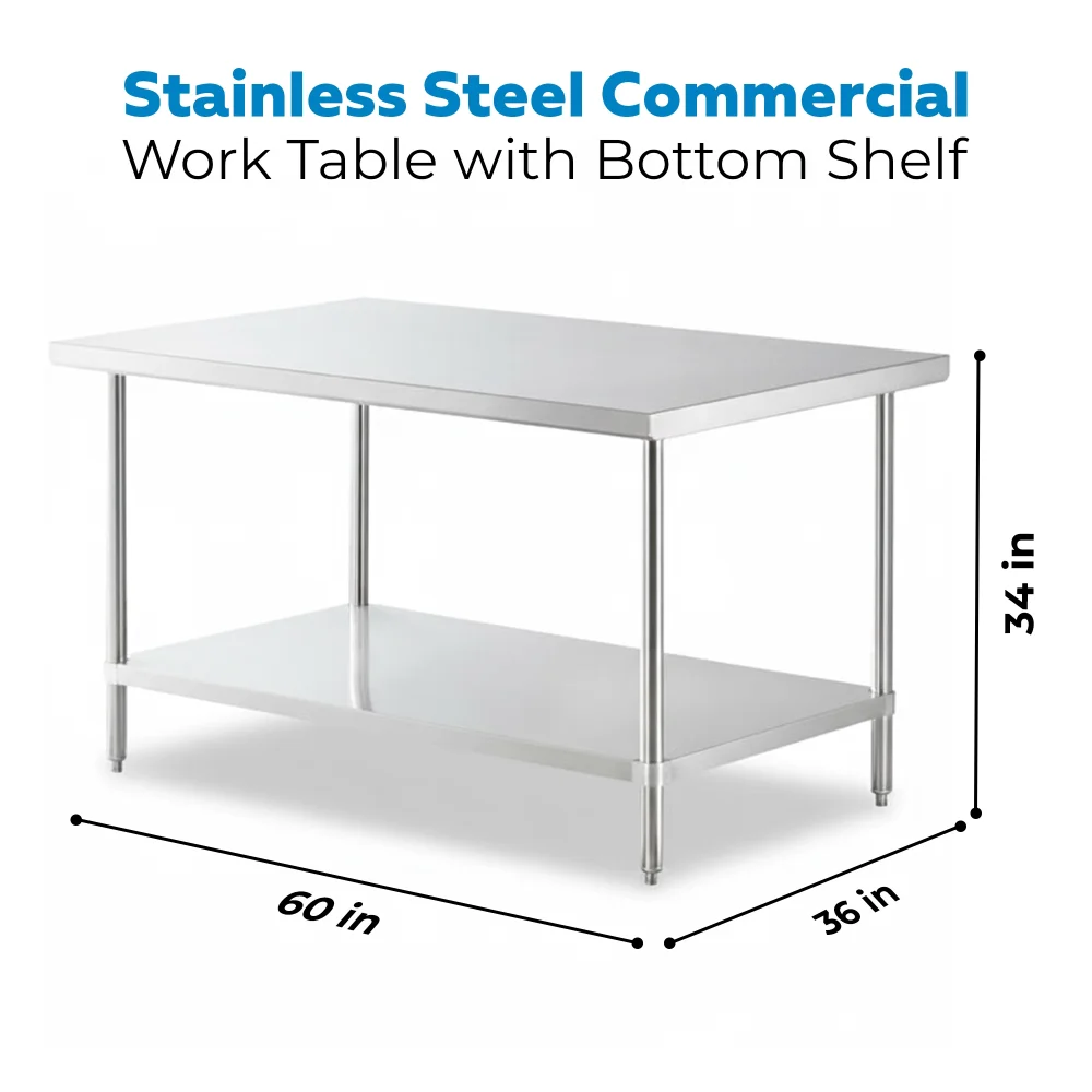 36" x 60" 16 Gauge Commercial Work Table with Undershelf, 304 Stainless Steel