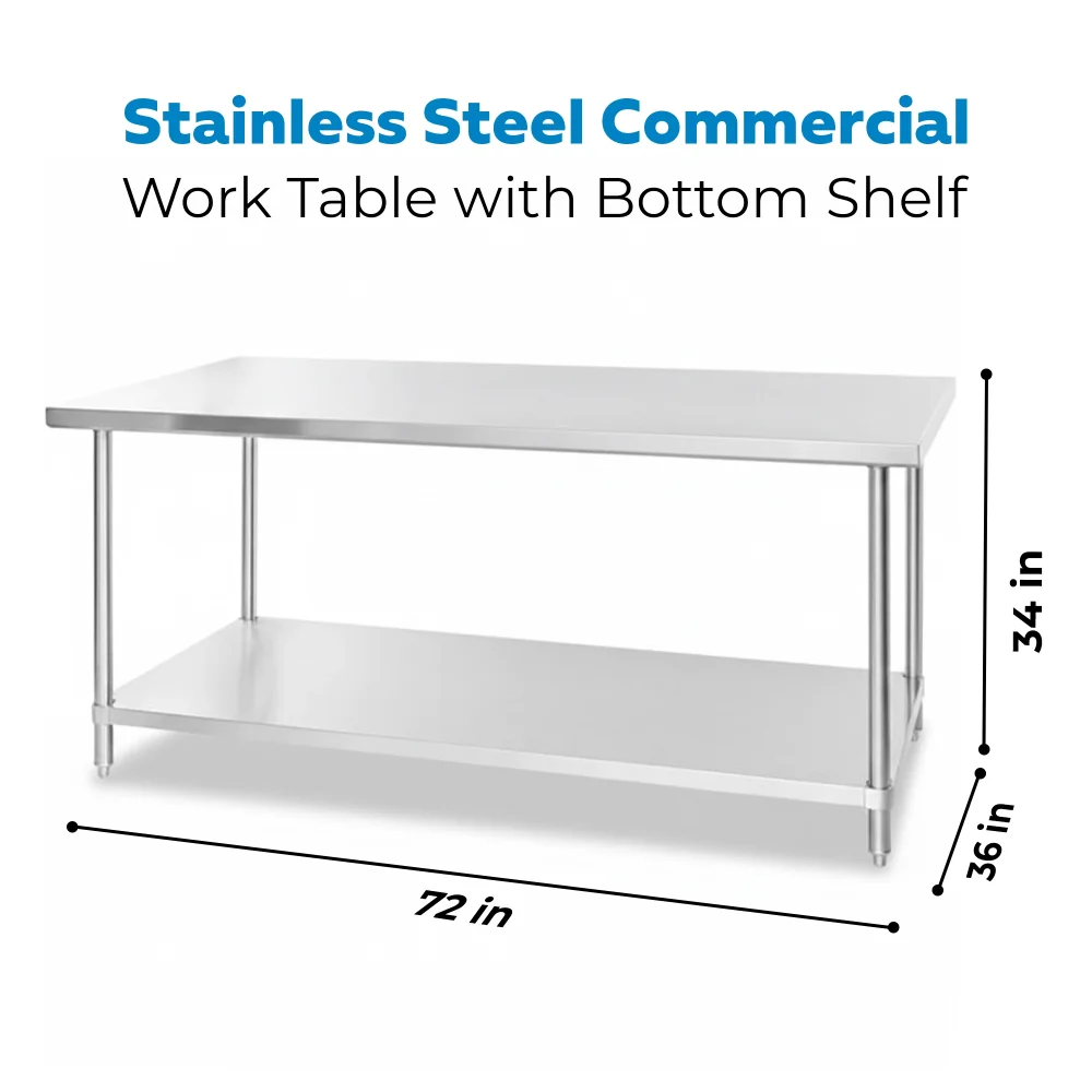 36" x 72" 16 Gauge Commercial Work Table with Undershelf, 304 Stainless Steel