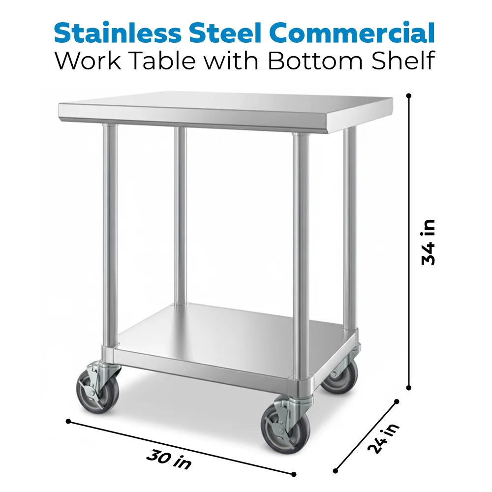 24" x 30" 16-Gauge Commercial Work Table with Undershelf and Casters, 304 Stainless Steel