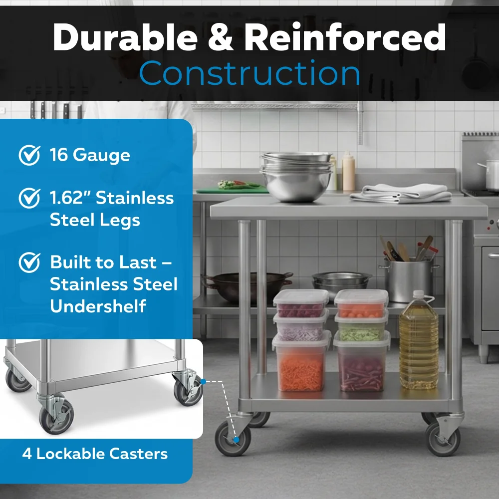 24" x 30" 16-Gauge Commercial Work Table with Undershelf and Casters, 304 Stainless Steel