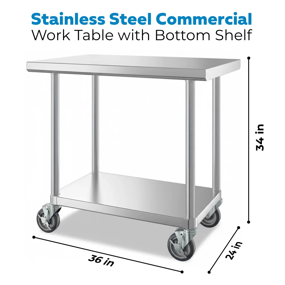 24" x 36" 16-Gauge Commercial Work Table with Undershelf and Casters, 304 Stainless Steel