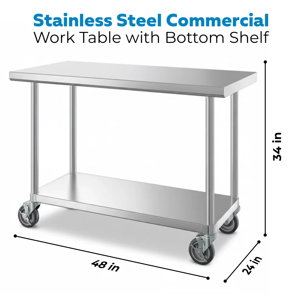 24" x 48" 16-Gauge Commercial Work Table with Undershelf and Casters, 304 Stainless Steel