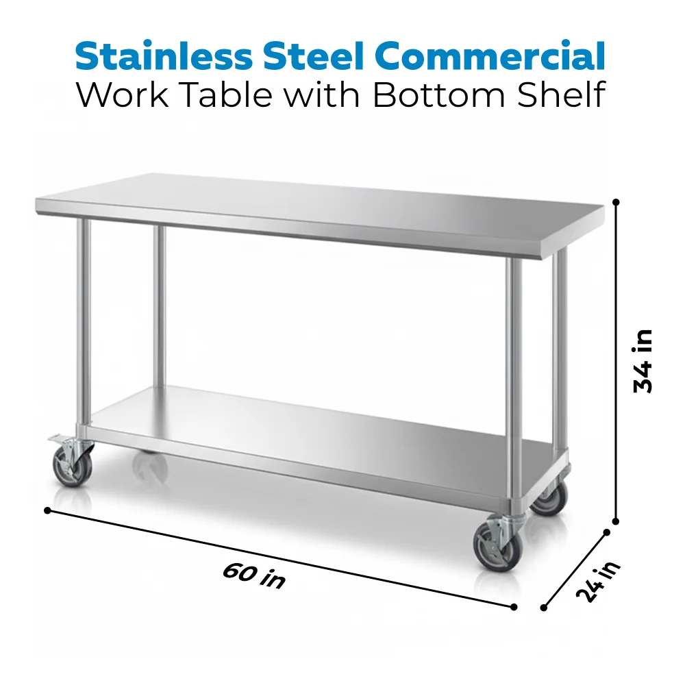 24" x 60" 16-Gauge Commercial Work Table with Undershelf and Casters, 304 Stainless Steel