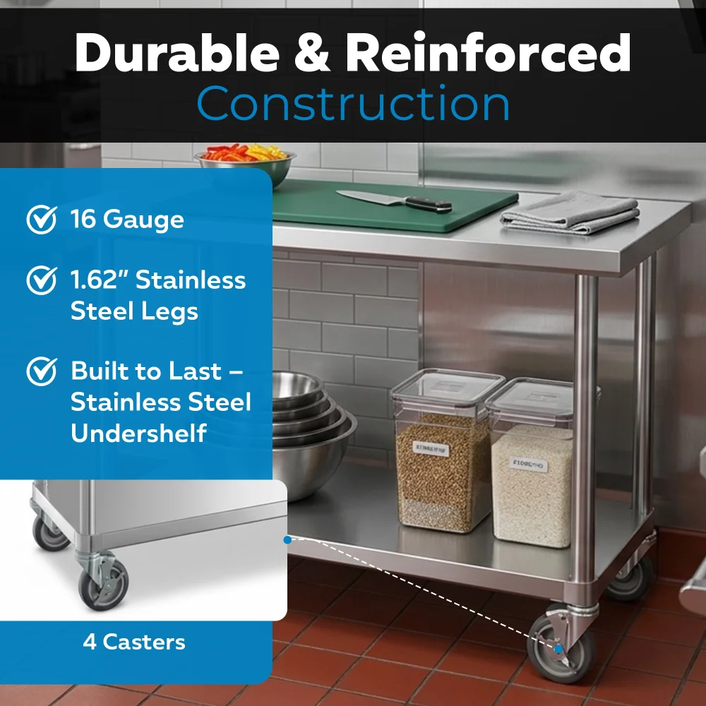 24" x 60" 16-Gauge Commercial Work Table with Undershelf and Casters, 304 Stainless Steel