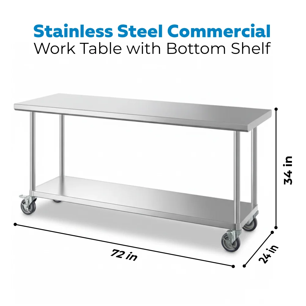 24" x 72" 16-Gauge Commercial Work Table with Undershelf and Casters, 304 Stainless Steel