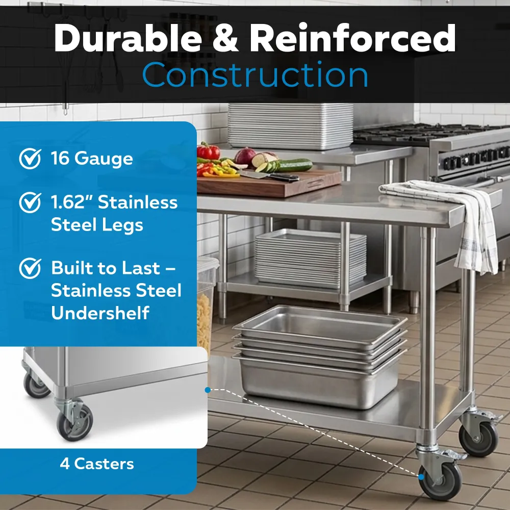 24" x 72" 16-Gauge Commercial Work Table with Undershelf and Casters, 304 Stainless Steel
