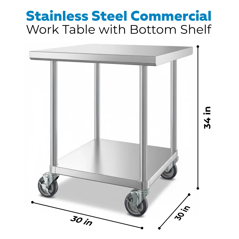 30" x 30" 16-Gauge Commercial Work Table with Undershelf and Casters, 304 Stainless Steel