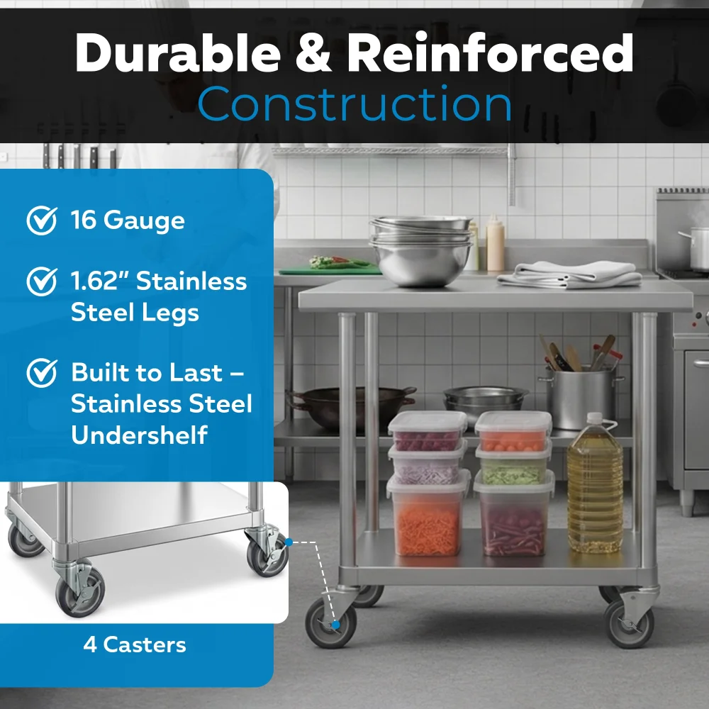 30" x 30" 16-Gauge Commercial Work Table with Undershelf and Casters, 304 Stainless Steel