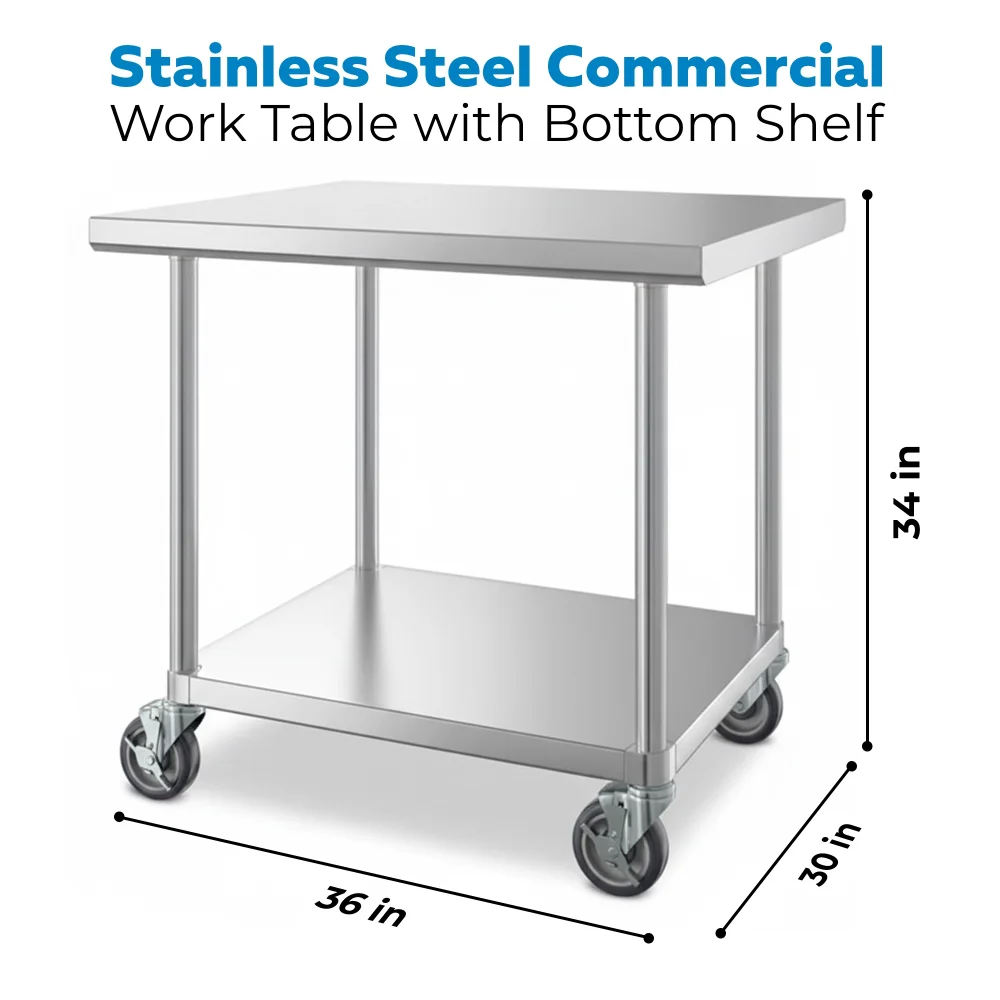 30" x 36" 16-Gauge Commercial Work Table with Undershelf and Casters, 304 Stainless Steel