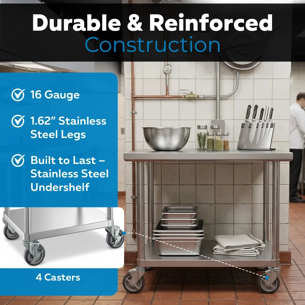 30" x 36" 16-Gauge Commercial Work Table with Undershelf and Casters, 304 Stainless Steel