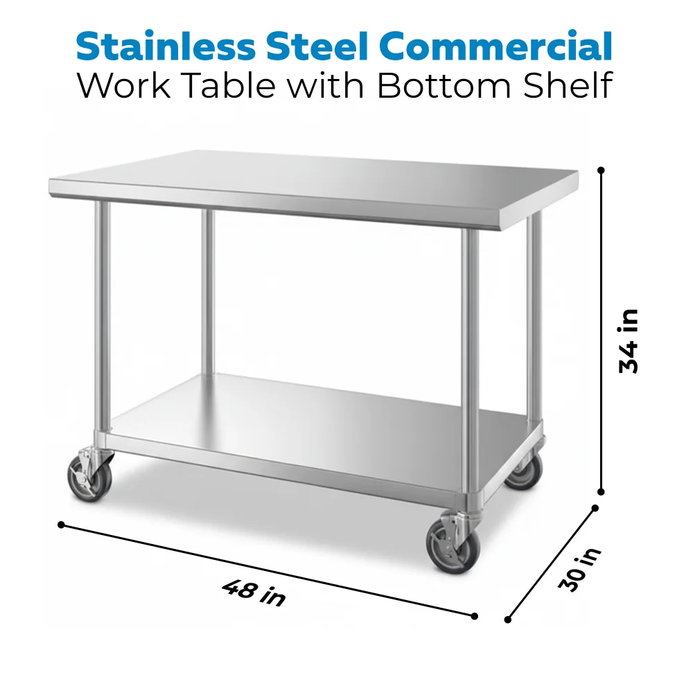 30" x 48" 16-Gauge Commercial Work Table with Undershelf and Casters, 304 Stainless Steel