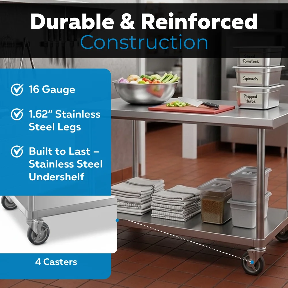 30" x 48" 16-Gauge Commercial Work Table with Undershelf and Casters, 304 Stainless Steel