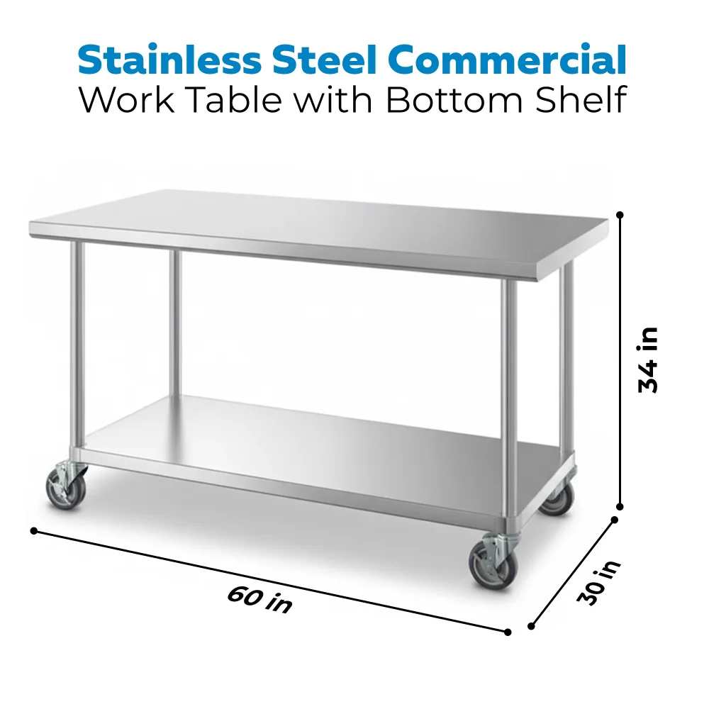 30" x 60" 16-Gauge Commercial Work Table with Undershelf and Casters, 304 Stainless Steel