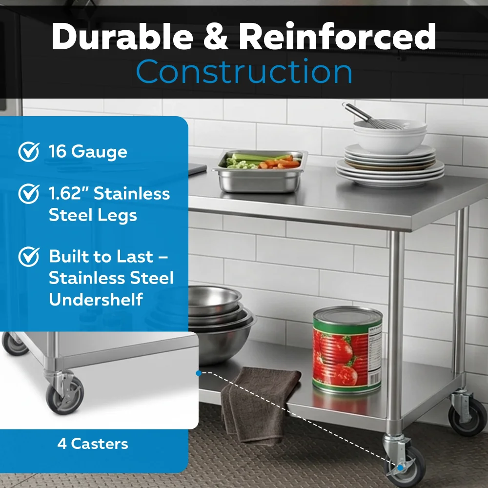 30" x 60" 16-Gauge Commercial Work Table with Undershelf and Casters, 304 Stainless Steel