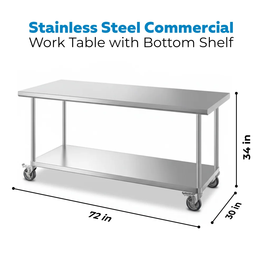 30" x 72" 16-Gauge Commercial Work Table with Undershelf and Casters, 304 Stainless Steel