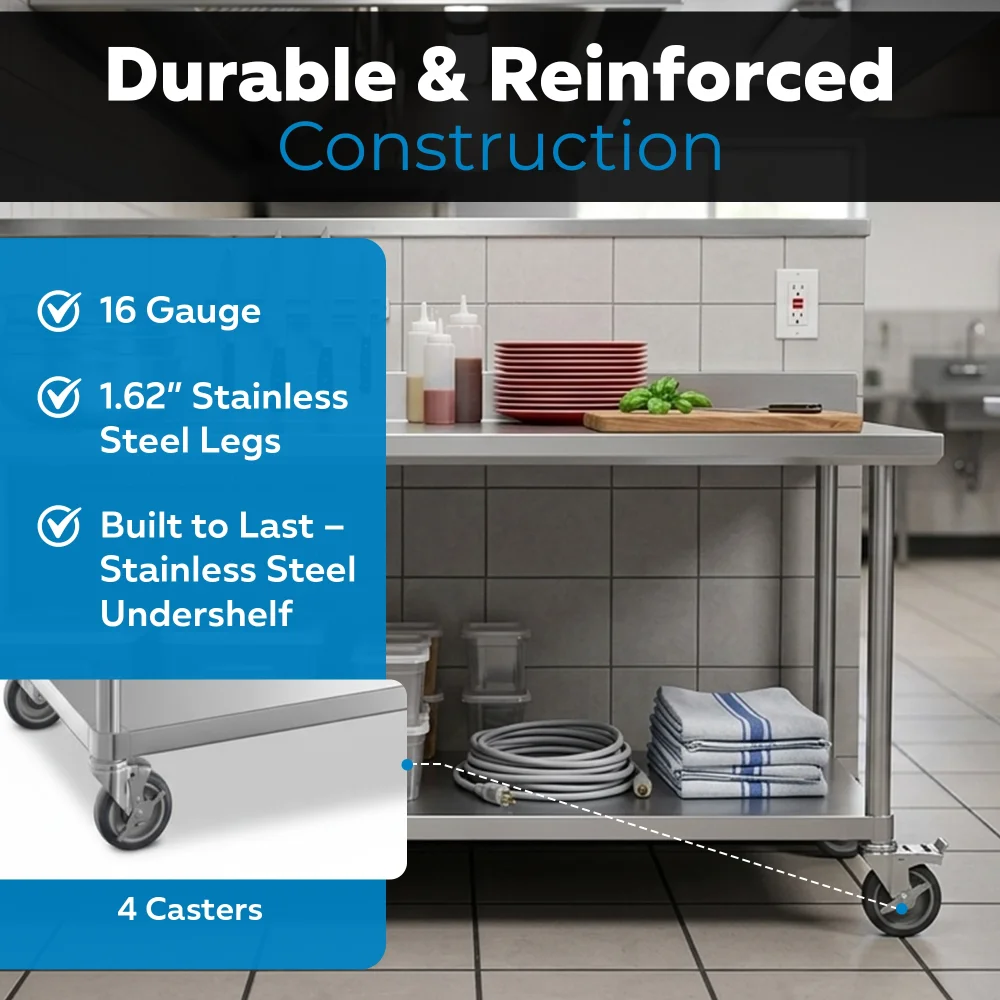 30" x 72" 16-Gauge Commercial Work Table with Undershelf and Casters, 304 Stainless Steel