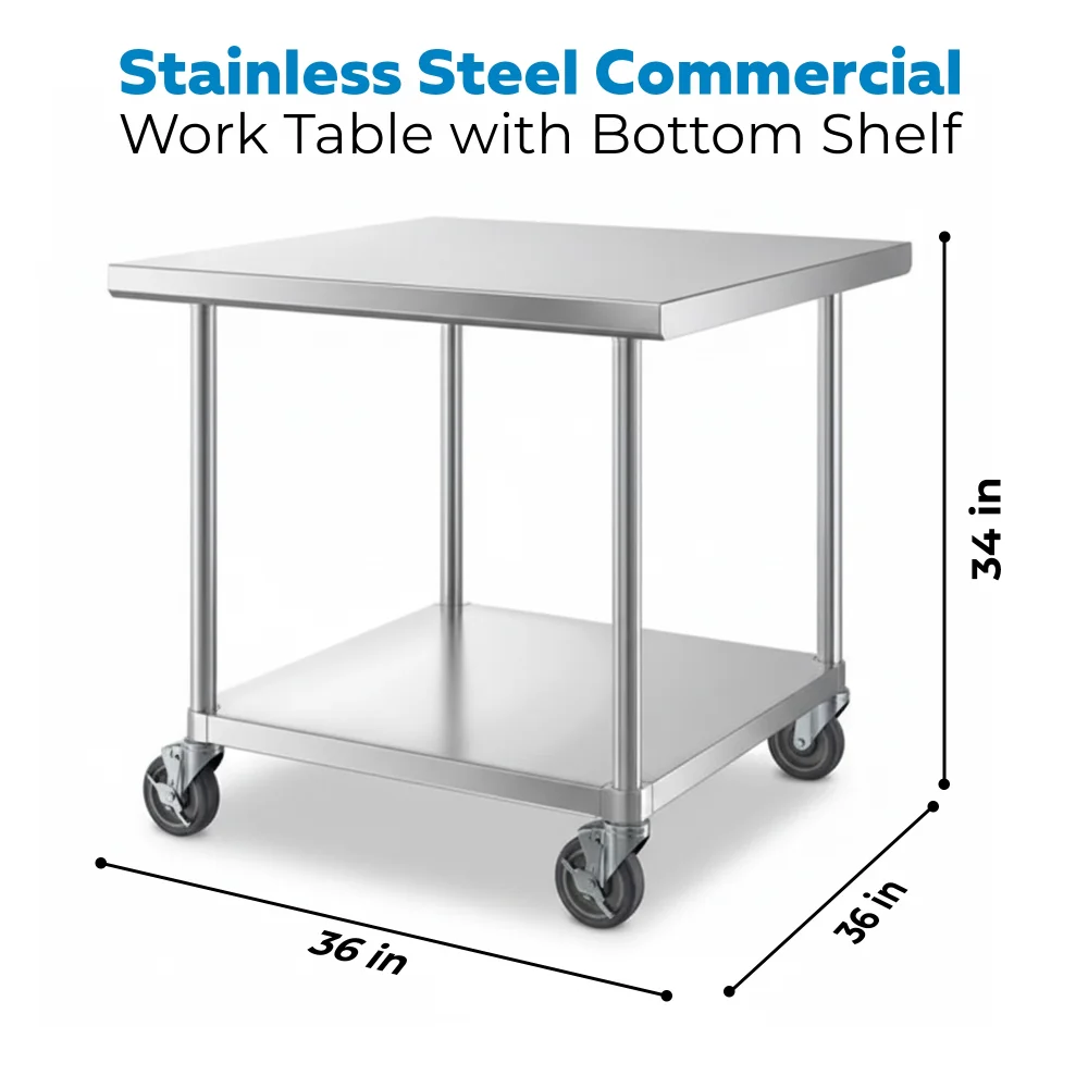36" x 36" 16-Gauge Commercial Work Table with Undershelf and Casters, 304 Stainless Steel