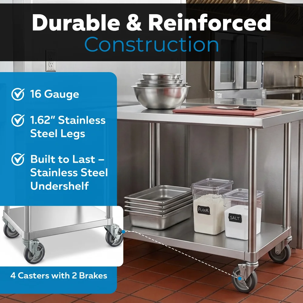36" x 36" 16-Gauge Commercial Work Table with Undershelf and Casters, 304 Stainless Steel