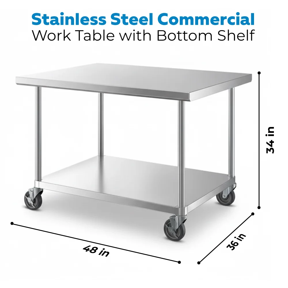 36" x 48" 16-Gauge Commercial Work Table with Undershelf and Casters, 304 Stainless Steel