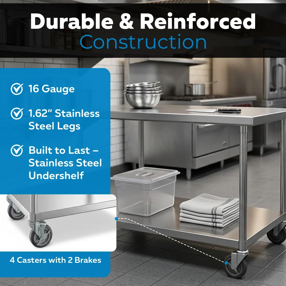 36" x 48" 16-Gauge Commercial Work Table with Undershelf and Casters, 304 Stainless Steel