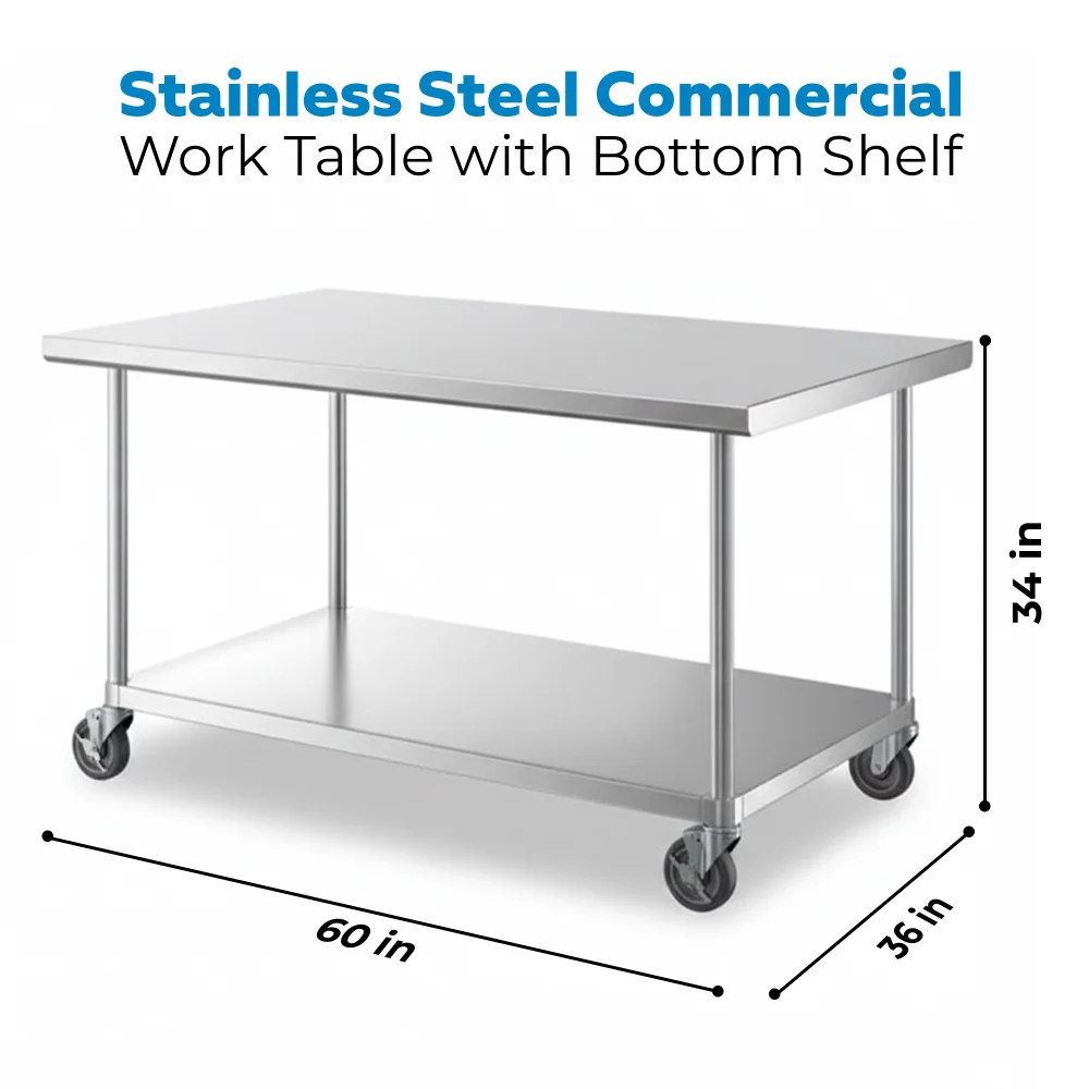 36" x 60" 16-Gauge Commercial Work Table with Undershelf and Casters, 304 Stainless Steel