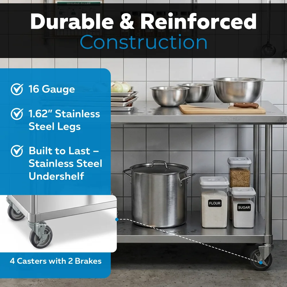 36" x 60" 16-Gauge Commercial Work Table with Undershelf and Casters, 304 Stainless Steel