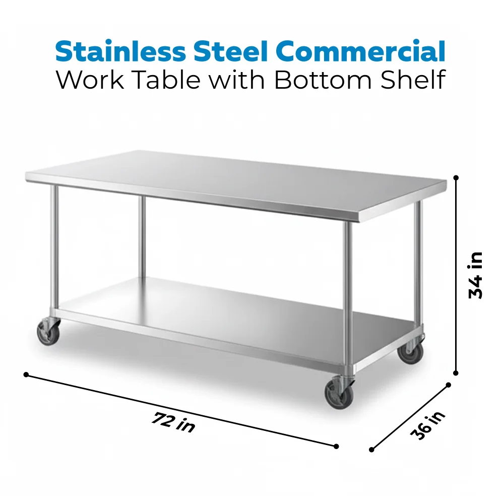 36" x 72" 16-Gauge Commercial Work Table with Undershelf and Casters, 304 Stainless Steel