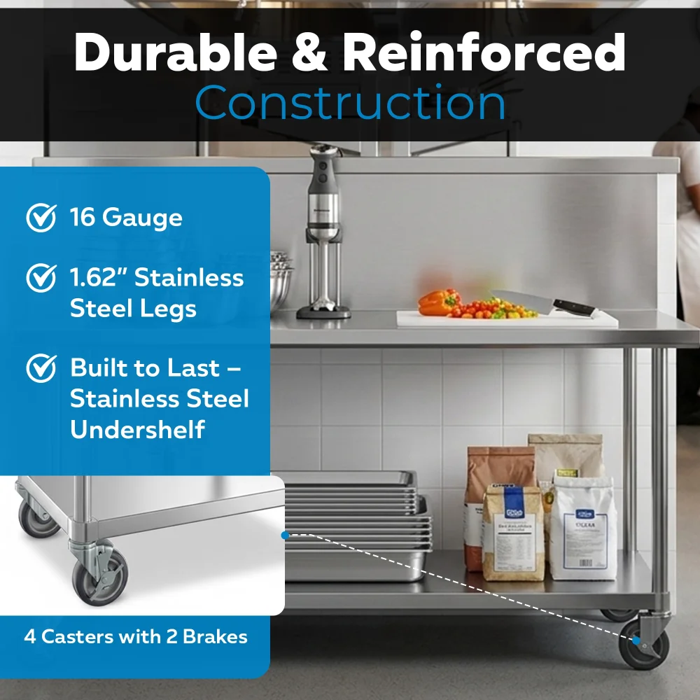 36" x 72" 16-Gauge Commercial Work Table with Undershelf and Casters, 304 Stainless Steel
