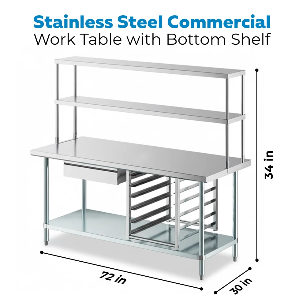 30" x 72" 18 Gauge Commercial Work Table with Undershelf, 12" Overshelf, Drawer, Pot Rack, and Bun Pan Rack, 304 Stainless Steel