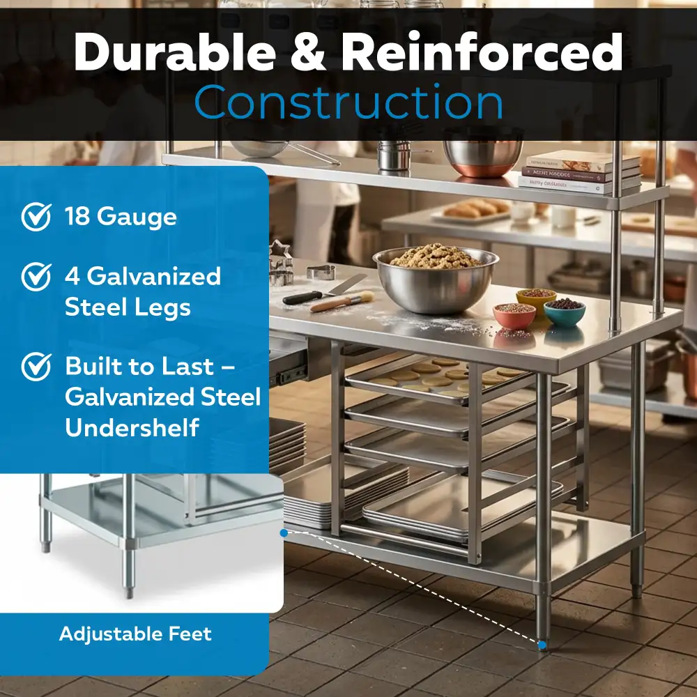 30" x 72" 18 Gauge Commercial Work Table with Undershelf, 12" Overshelf, Drawer, Pot Rack, and Bun Pan Rack, 304 Stainless Steel