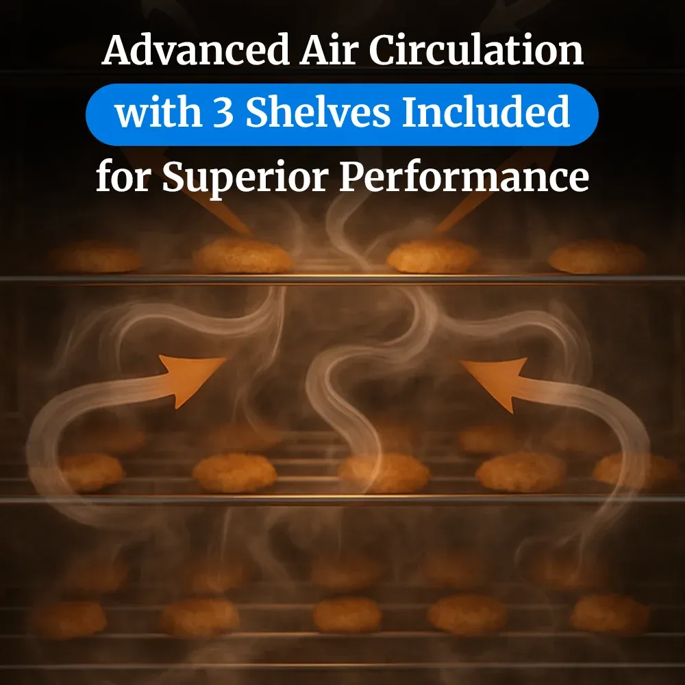 Cadco heavy-duty manual countertop convection oven with three half-size shelves, stainless body, compact, durable, and designed for catering service.