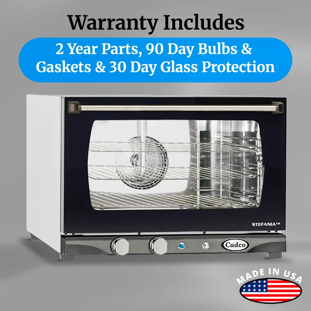 Cadco heavy-duty manual countertop convection oven with three half-size shelves, stainless body, compact, durable, and designed for catering service.