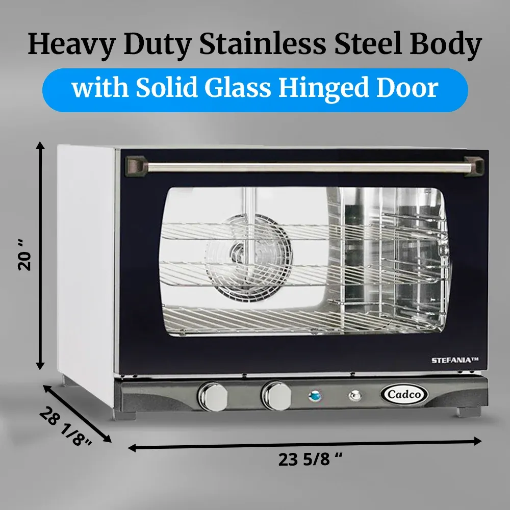 Cadco four-shelf half-size manual convection oven, stainless steel heavy-duty countertop commercial kitchen durable compact catering.