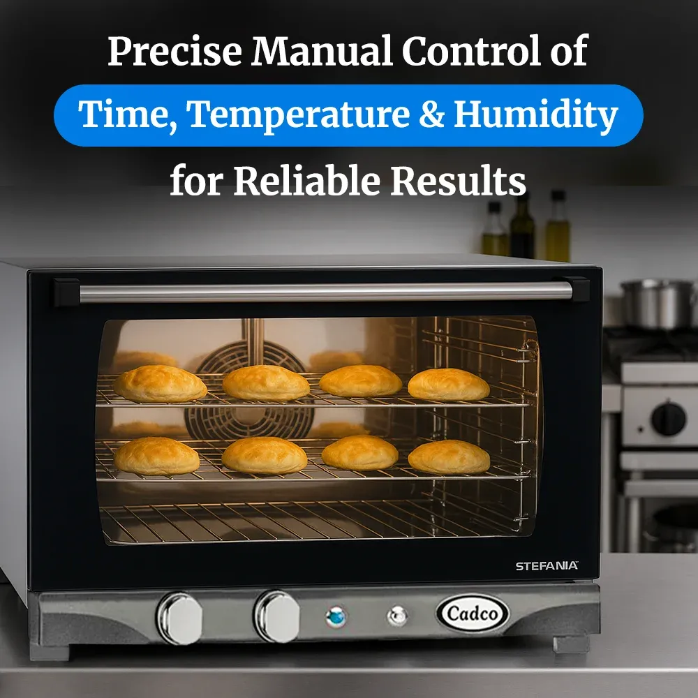 Cadco four-shelf half-size manual convection oven, stainless steel heavy-duty countertop commercial kitchen durable compact catering.