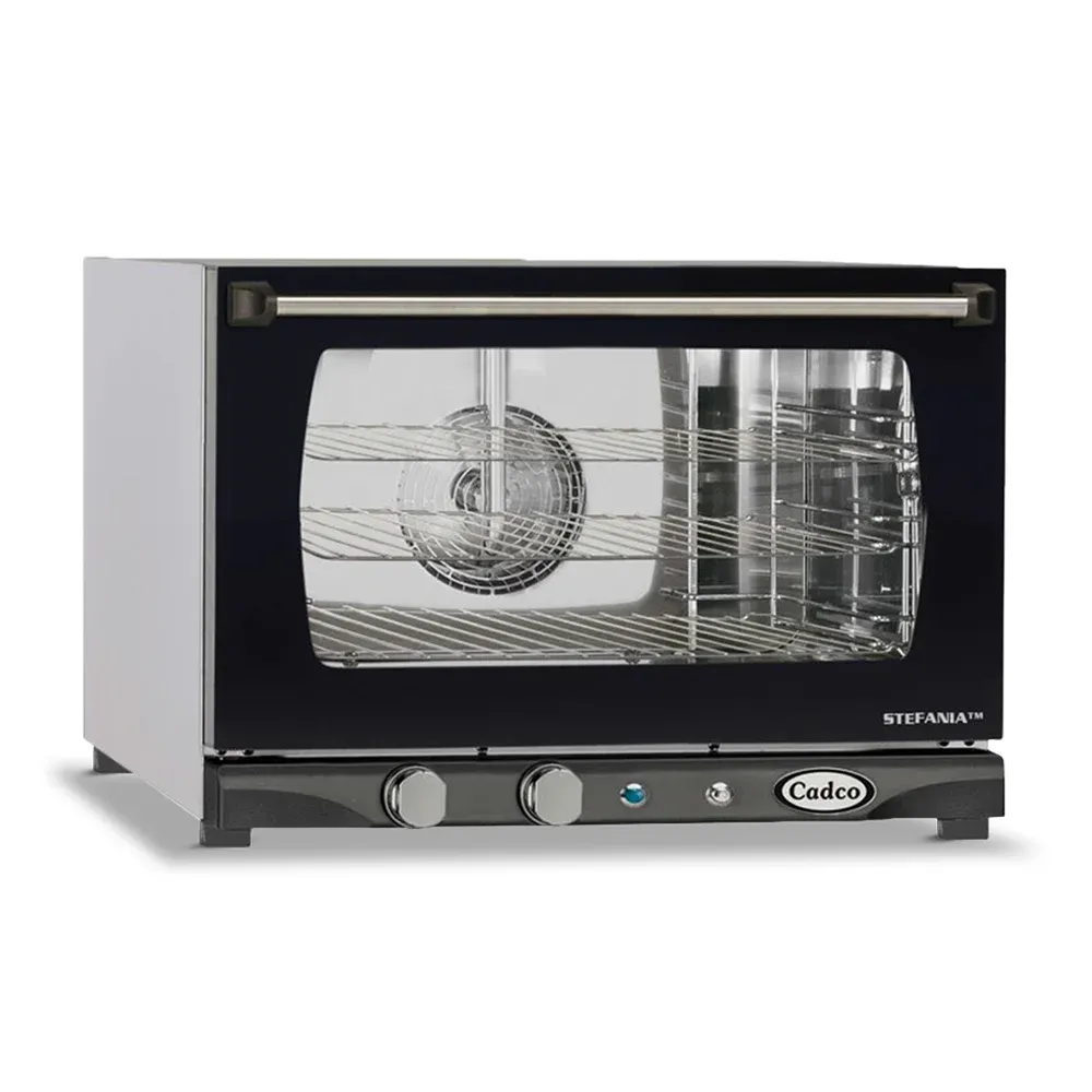 Cadco four-shelf half-size manual convection oven, stainless steel heavy-duty countertop commercial kitchen durable compact catering.