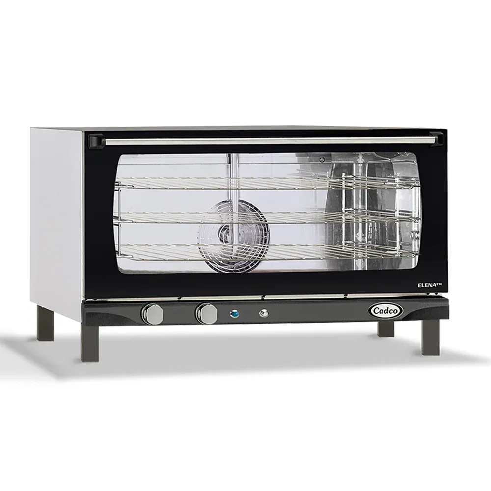 Cadco heavy-duty manual countertop convection oven with three full-size shelves, stainless steel finish, durable, compact, and easy to clean.