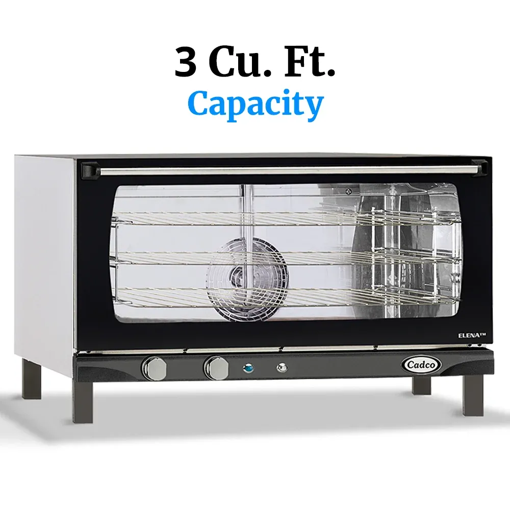 Cadco heavy-duty manual countertop convection oven with three full-size shelves, stainless steel finish, durable, compact, and easy to clean.