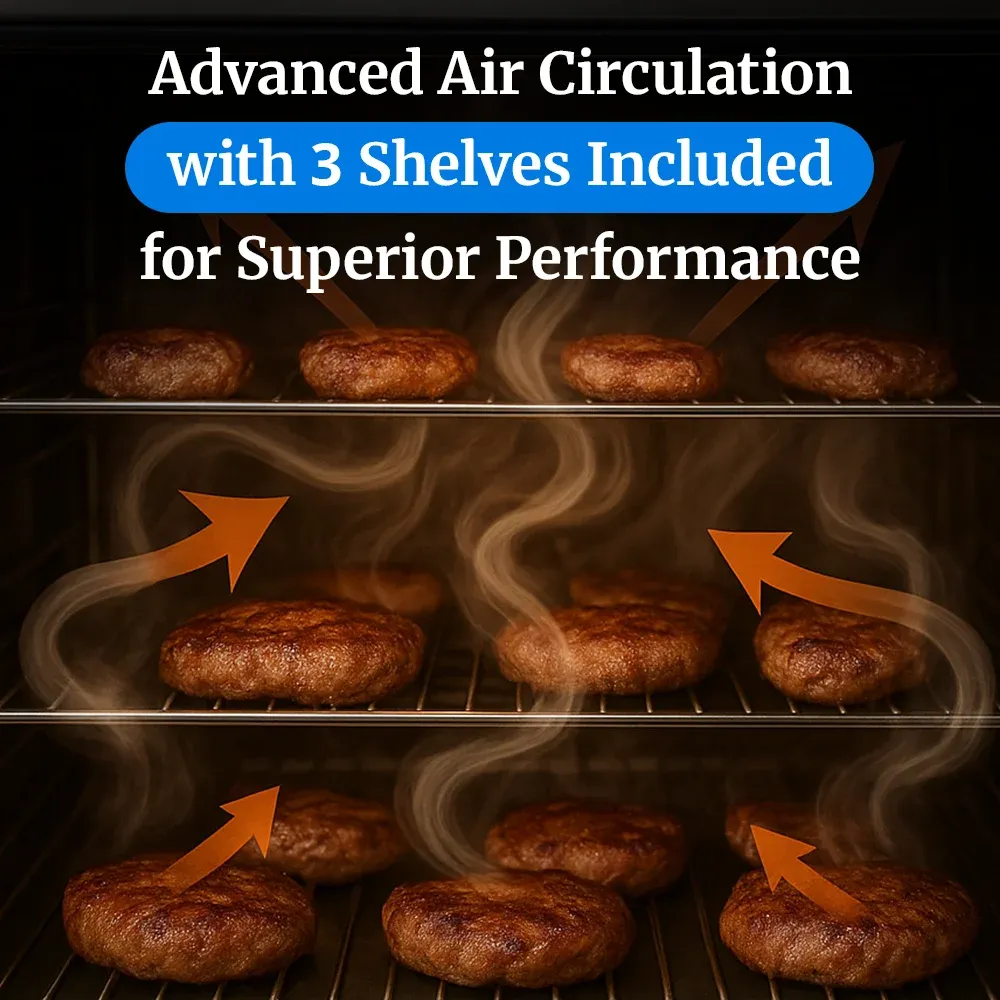 Cadco heavy-duty manual countertop convection oven with three full-size shelves, stainless steel finish, durable, compact, and easy to clean.