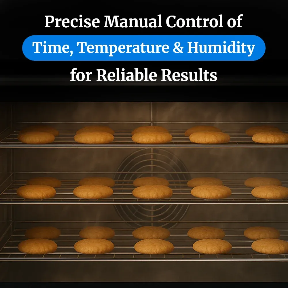 Cadco heavy-duty manual countertop convection oven with three full-size shelves, stainless steel finish, durable, compact, and easy to clean.