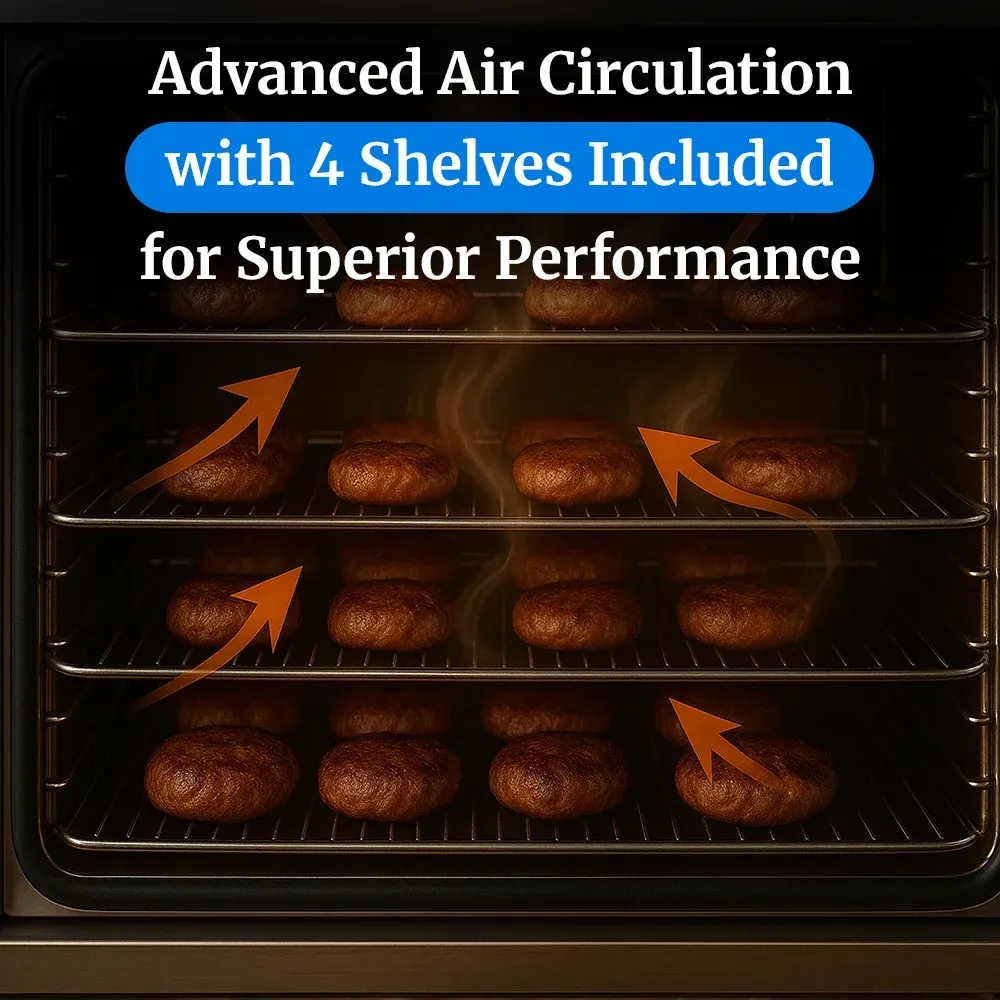 Cadco four-shelf full-size manual convection oven, stainless steel heavy-duty countertop commercial kitchen durable easy-clean compact.