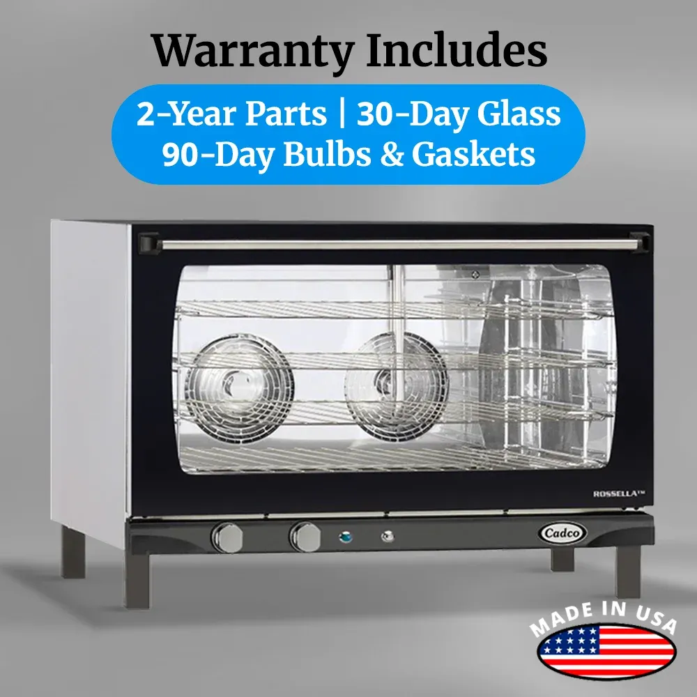 Cadco four-shelf full-size manual convection oven, stainless steel heavy-duty countertop commercial kitchen durable easy-clean compact.