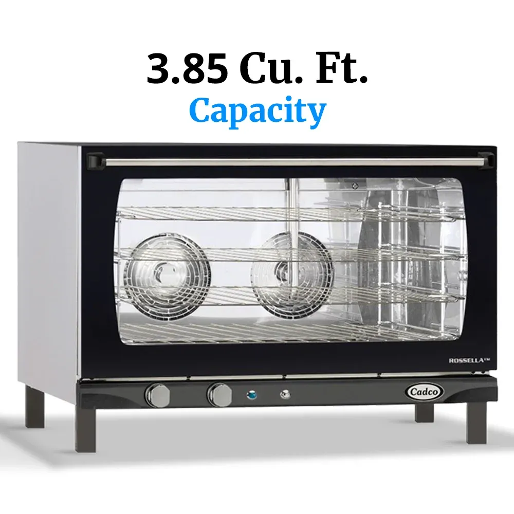 Cadco four-shelf full-size manual convection oven, stainless steel heavy-duty countertop commercial kitchen durable easy-clean compact.
