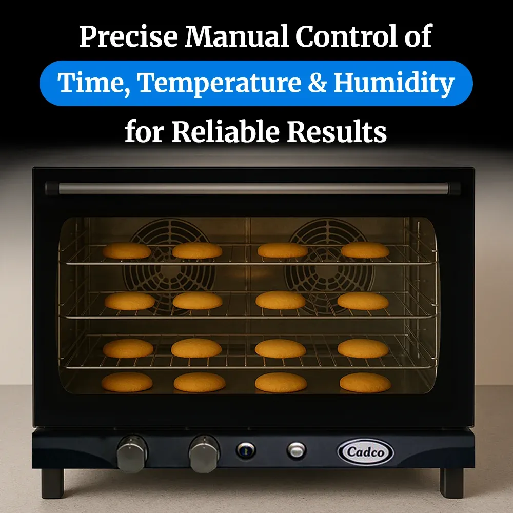 Cadco four-shelf full-size manual convection oven, stainless steel heavy-duty countertop commercial kitchen durable easy-clean compact.